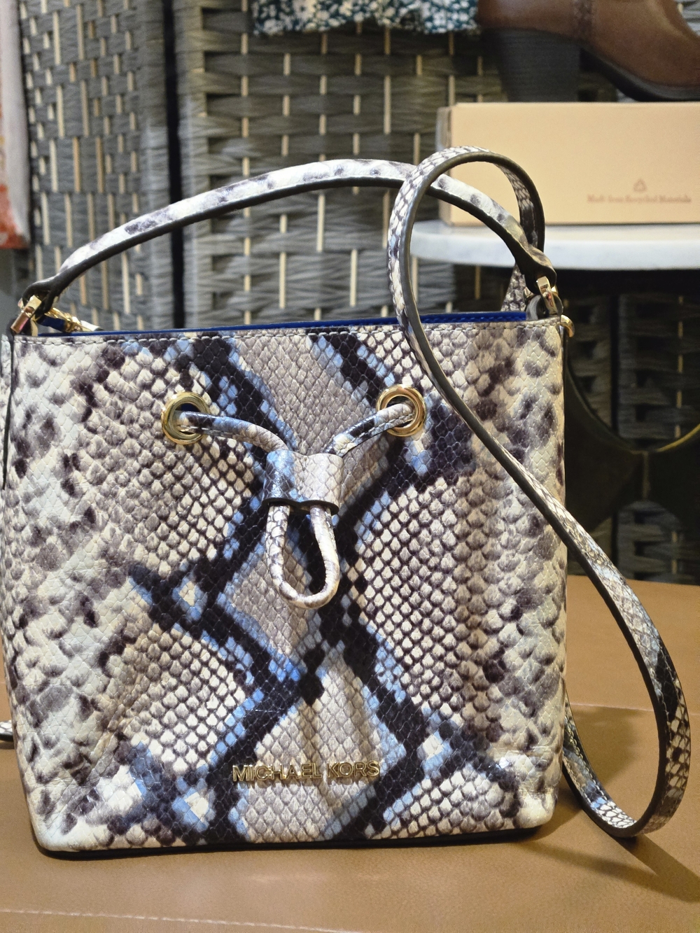MICHAEL KORS Snake Print Bucket Crossbody Bag | Blue Interior